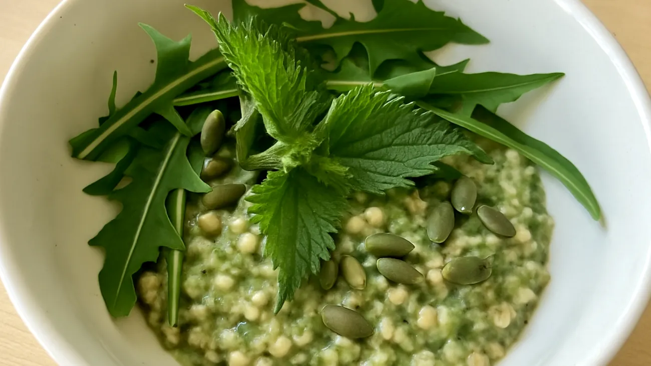 Brennnessel-Buchweizen-Porridge mit Löwenzahn und Kürbiskernen"