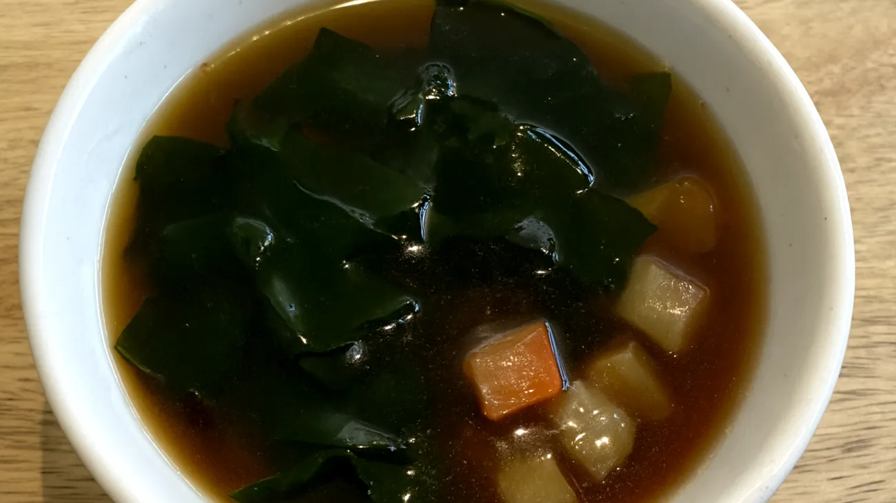Miso-Suppe mit Wakame-Algen und fermentiertem Gemüse"