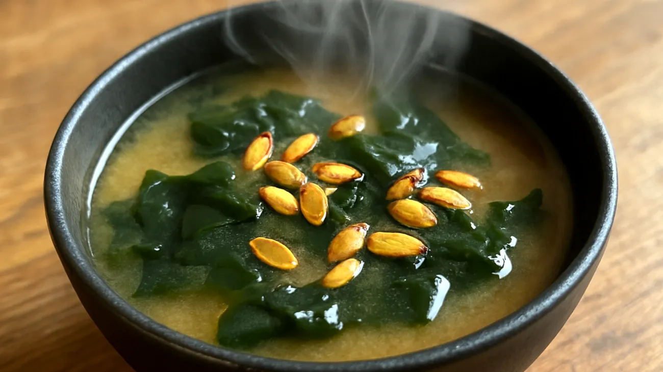 Miso-Suppe mit Wakame-Algen und gerösteten Kürbiskernen"