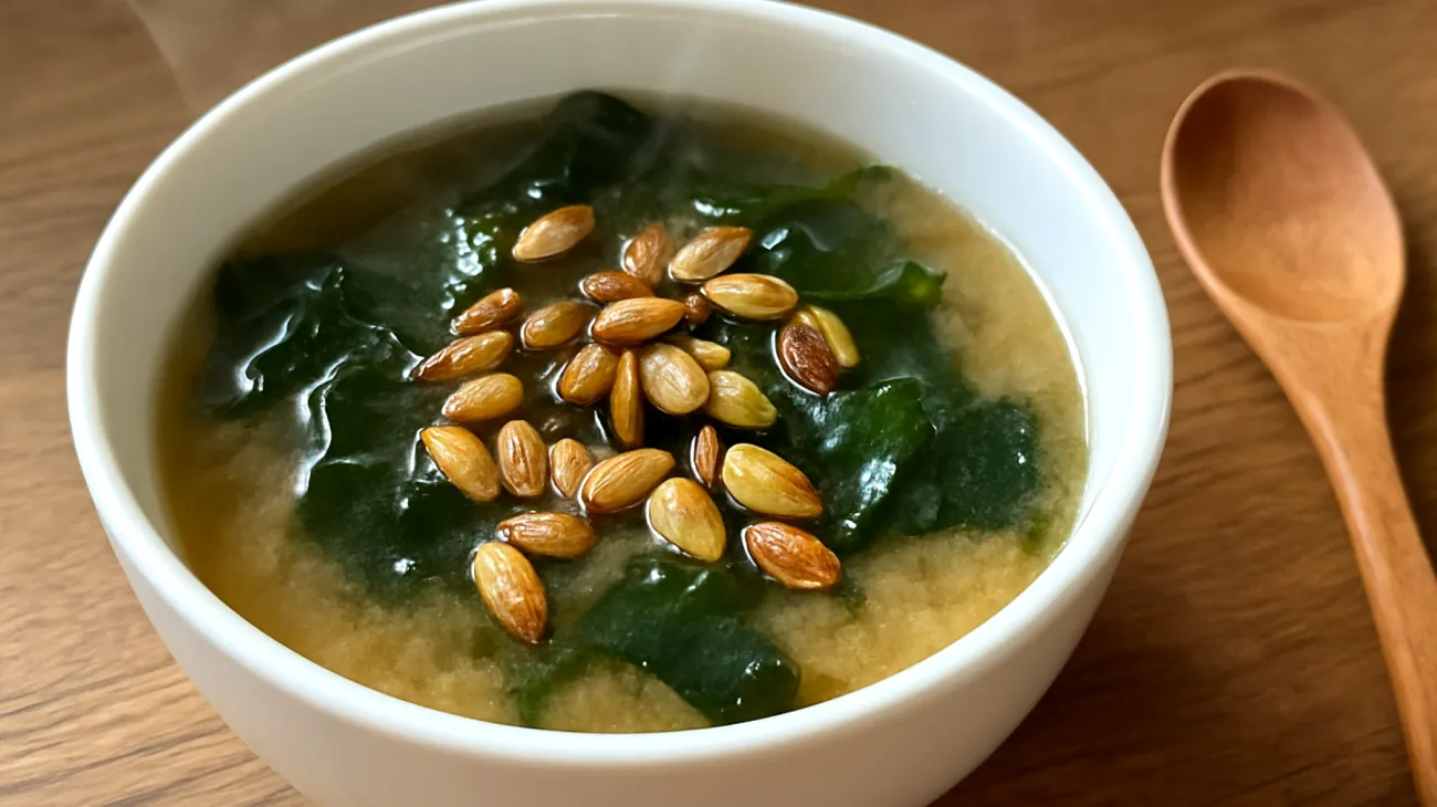 Miso-Suppe mit Wakame-Algen und gerösteten Kürbiskernen"