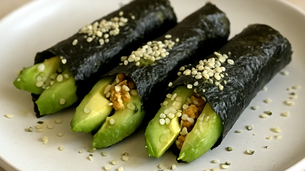Nori-Mandel-Röllchen mit Avocado und Hanfsamen"