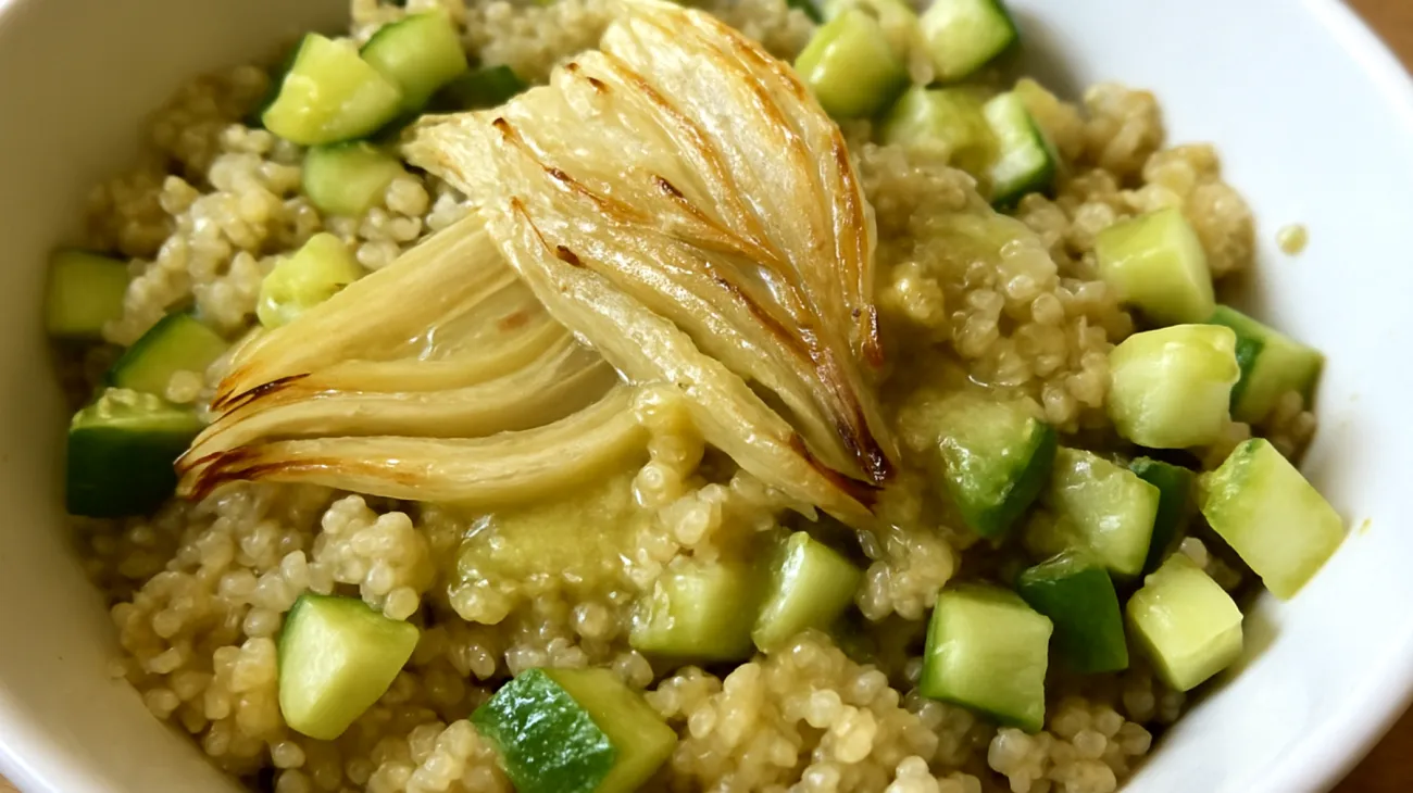 Quinoa-Salat mit geröstetem Fenchel, Gurke und Zitronengras-Dressing"